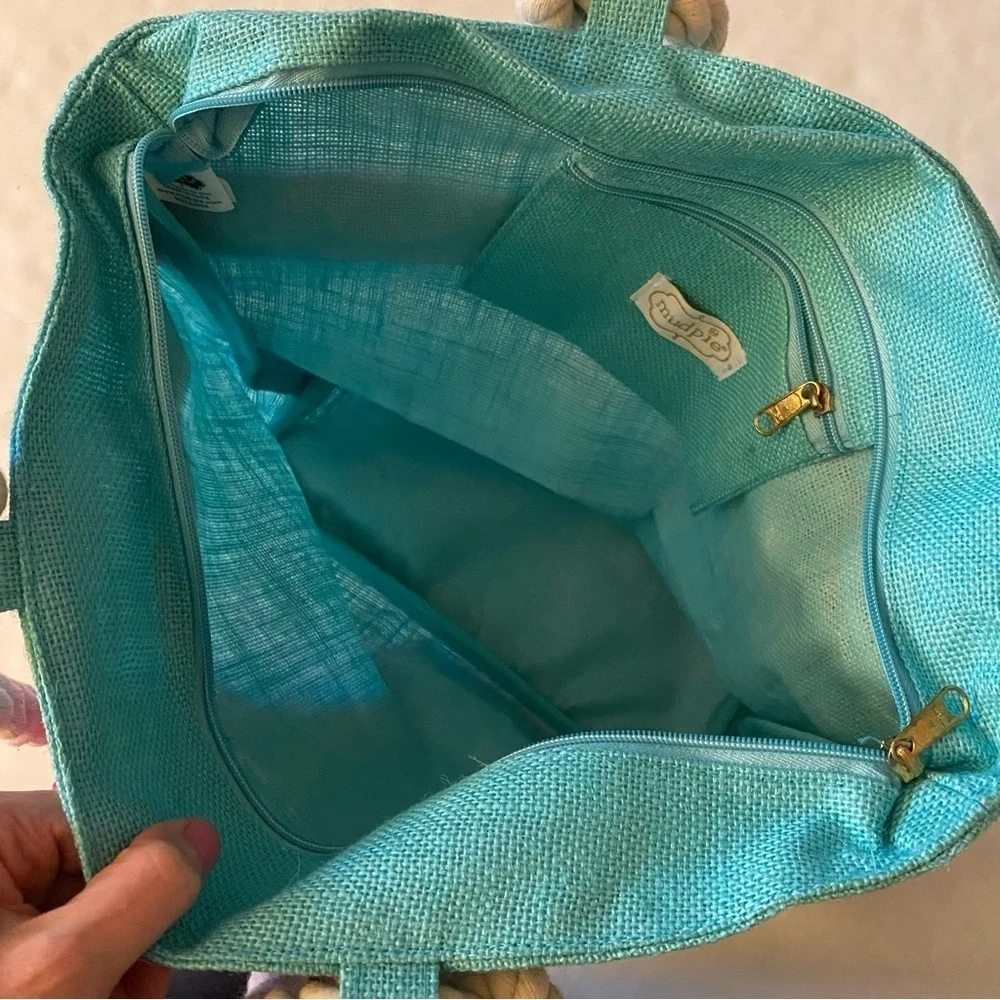 Mud Pie Jute Beach Bag Removable Sarong Turquoise Pink Zip Close 18” x 13” New